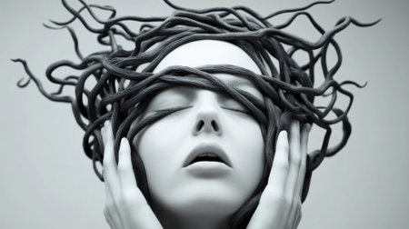 A woman with her head covered in black hair and a crown, AIの素材