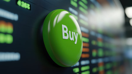 A green button on a wall with the word buy, AIの素材