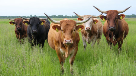 A herd of a group of cows standing in the grass, AIの素材