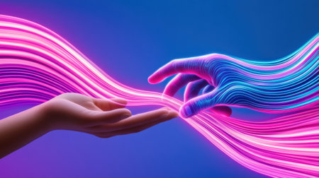 Two hands are touching each other with a neon light wave, AIの素材