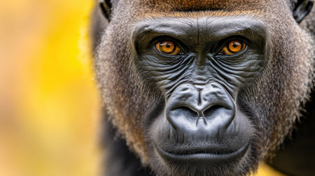 A gorilla with a yellow face and brown eyes staring at the camera, AIの素材