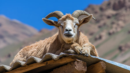 A goat with long horns laying on top of a roof, AIの素材