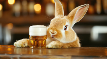 A bunny sitting on a bar with beer in front of it, AIの素材