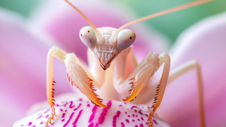 A close up of a praying mantis on top of an orchid, AIの素材