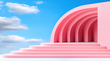 A pink structure with stairs leading up to it in the sky, AIの素材