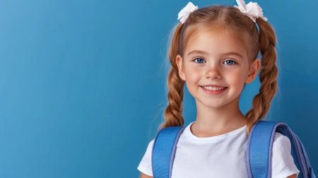 A little girl with a backpack smiling at the camera, AIの素材