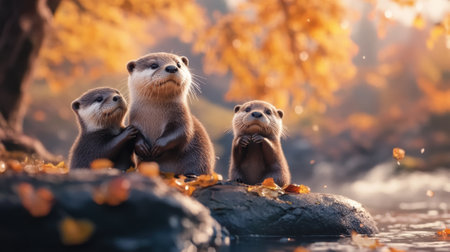 Three otters sitting on a rock in the water, AIの素材