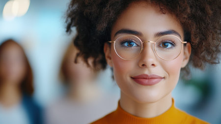 A woman with glasses and an orange shirt posing for a picture, AIの素材