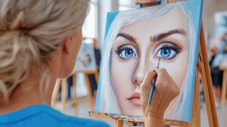 A woman painting a portrait of an attractive young lady, AIの素材