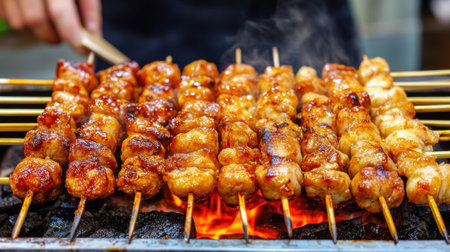 A close up of a grill with meat on skewers, AIの素材