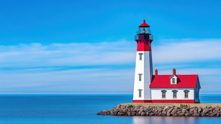 A red and white lighthouse on a rock in the middle of water, AIの素材