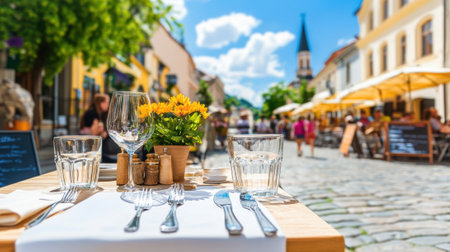 A table with glasses and silverware on a cobblestone street, AIの素材