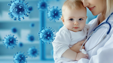 A woman holding a baby with stethoscope around her neck, viruses floating around, AIの素材