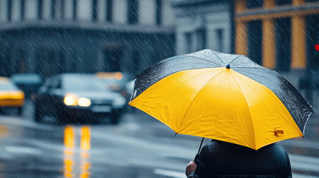 A person holding a yellow and black umbrella in the rain, AIの素材