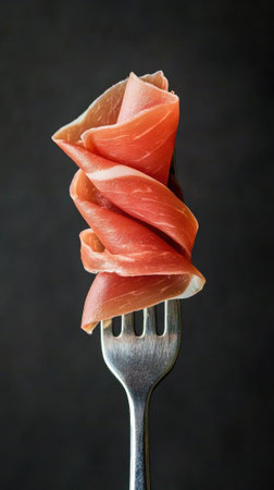 A fork with a piece of meat on it sitting in front, AIの素材