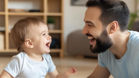 A man and a baby laughing together on the floor, AIの素材