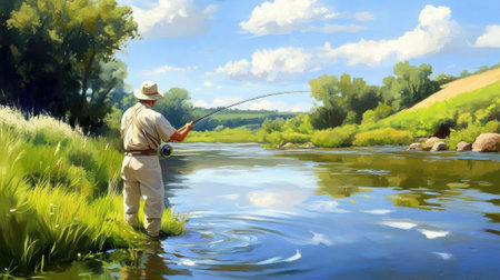 A painting of a man standing in the water with his fly rod, AIの素材