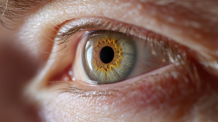 A close up of a persons eye with an iris that is yellow, AIの素材