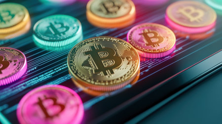 A close up of a digital screen with colorful bitcoin coins, AIの素材