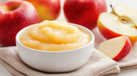 A bowl of apple sauce with apples on a napkin, AIの素材