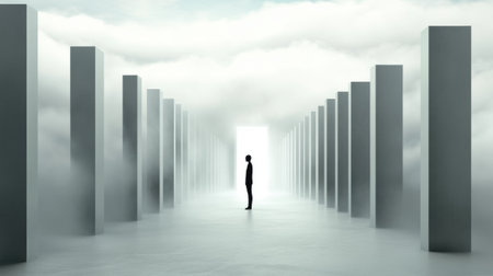 A man standing in a long hallway with pillars and fog, AIの素材