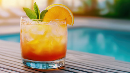 A glass of a drink with orange and mint sitting on the edge of a pool, AIの素材