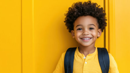A young boy with a backpack smiles at the camera, AIの素材