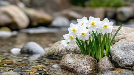 A bunch of white flowers sitting on top of rocks in a stream, AIの素材