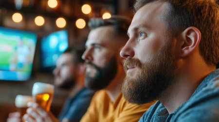 Three men sitting in a bar watching tv with beer, AIの素材