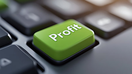 A close up of a green button on the keyboard that says profit, AIの素材