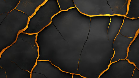 A close up of a black and gold cracked wall, AIの素材