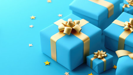 A group of blue presents with gold bows on a light background, AIの素材