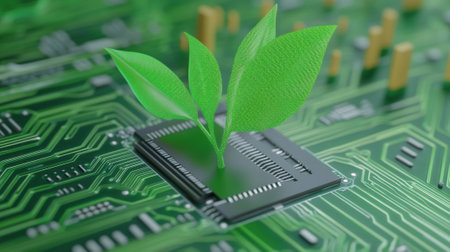 A green plant growing on a circuit board made with green technology, AIの素材