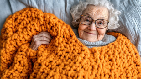 An older woman laying on a bed covered in an orange blanket, AIの素材