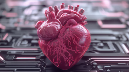 A 3d rendering of a human heart on top of an electronic circuit board, AIの素材
