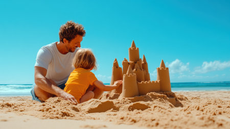 A man and child playing with sand on the beach, AIの素材