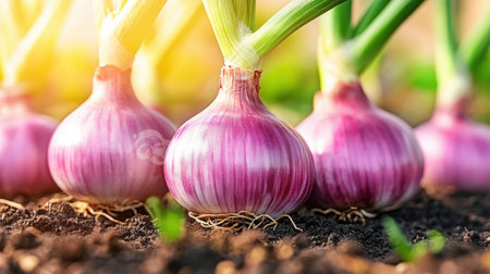 A group of onions growing in the ground with green stems, AIの素材