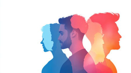 A group of people with different colored hair and faces, AIの素材