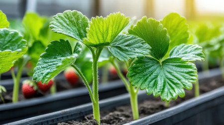 A row of plants with green leaves in black pots, AIの素材
