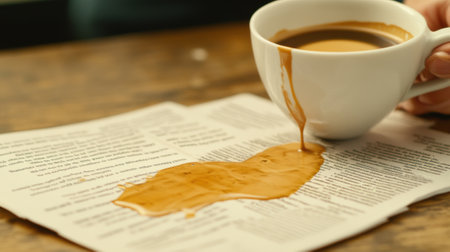 A cup of coffee being poured into a newspaper, AIの素材