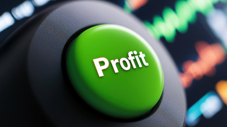 A green button with the word profit on it in front of a stock market, AIの素材