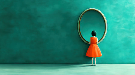 A girl in an orange dress looking at herself through a mirror, AIの素材