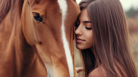 A woman with long brown hair and a horse in the background, AIの素材