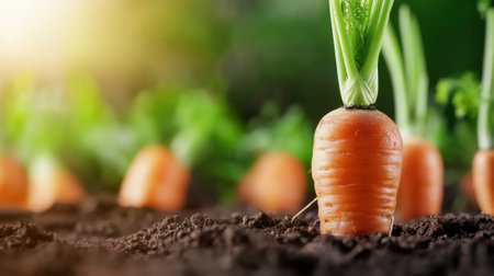A close up of a carrot growing in the dirt with other carrots, AIの素材