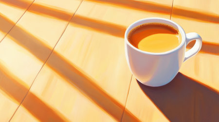 A cup of coffee on a wooden table with sunlight shining through the window, AIの素材