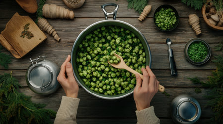 A person holding a spoon over some green hops in a pan, brewing a craft beer, AIの素材