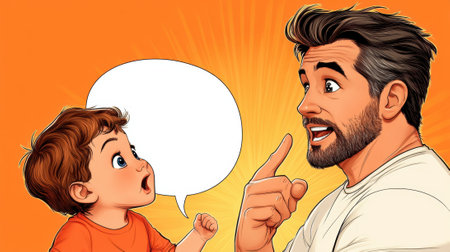 A cartoon of a man and child are talking to each other, AIの素材