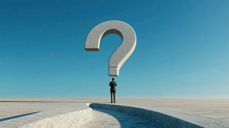 A man standing on a path with question mark in the sky, AIの素材