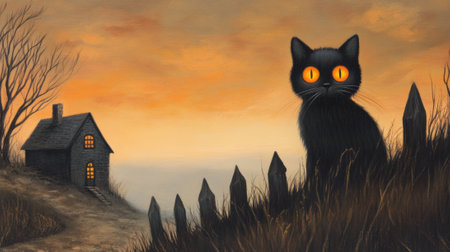 A painting of a black cat with glowing eyes sitting on top of the fence, AIの素材