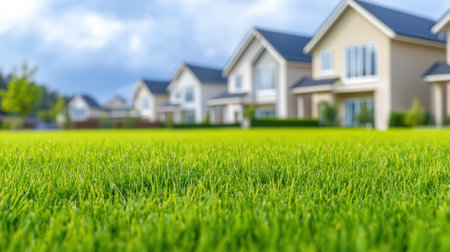 A close up of a lawn with houses in the background, AIの素材